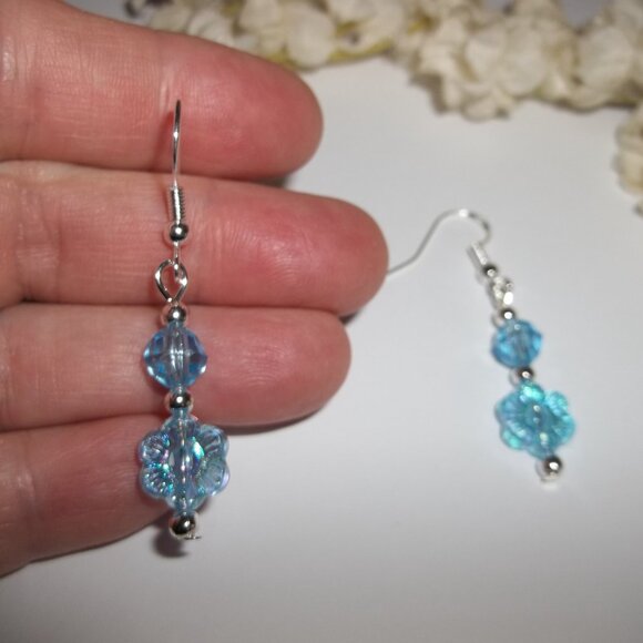 Flower Earring Blue Silver Dangle Drop Turquoise AB Aurora Borealis Jewelry D344 - Picture 4 of 5